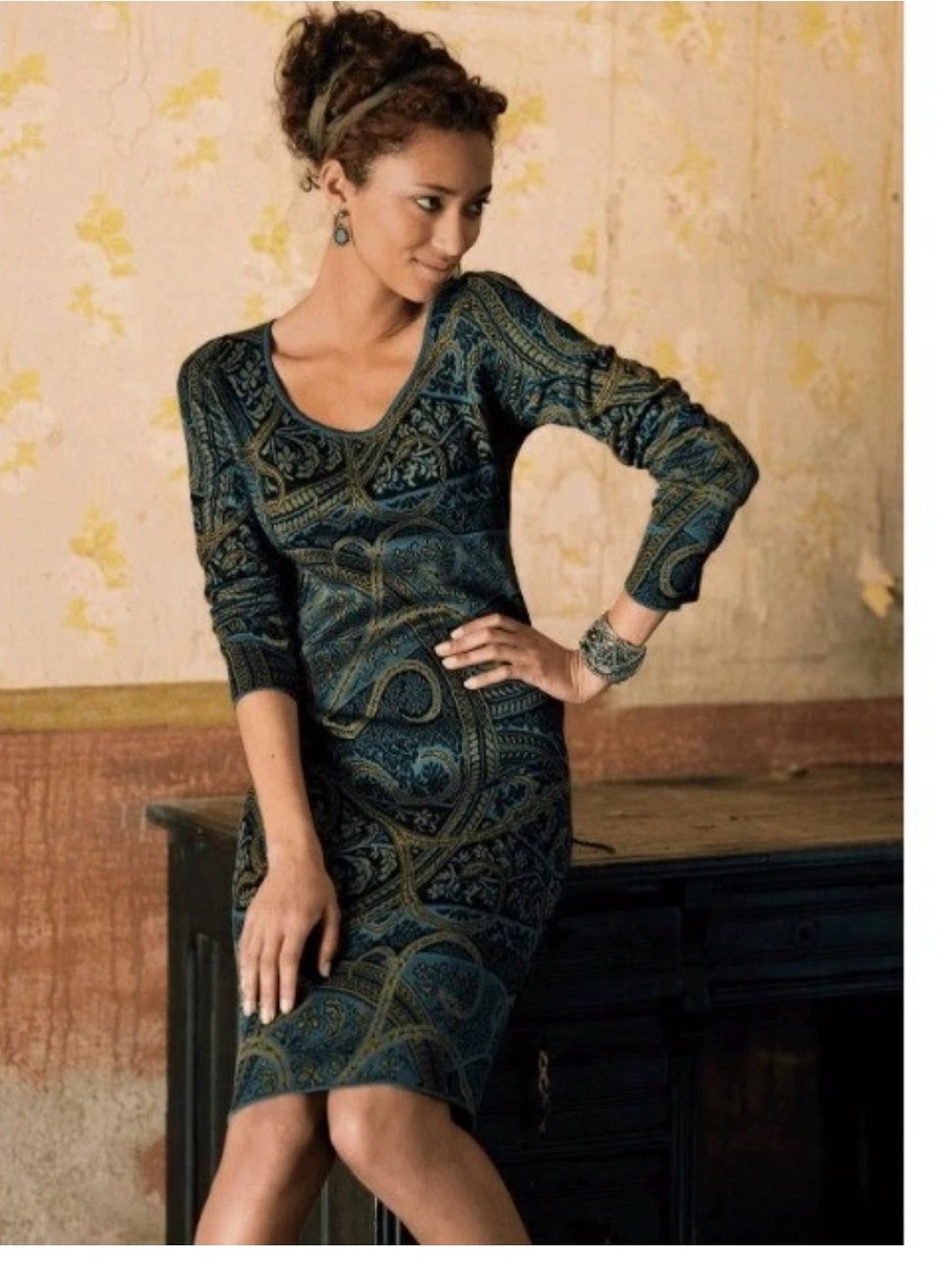 Peruvian Connection Kashmiri Women's Long Sleeve Pima Cotton Paisley Dress XS